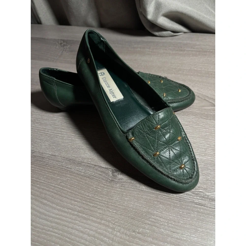 Etienne Aigner 7M Green Leather Quilted Studded Loafers Flats Old Money Festival